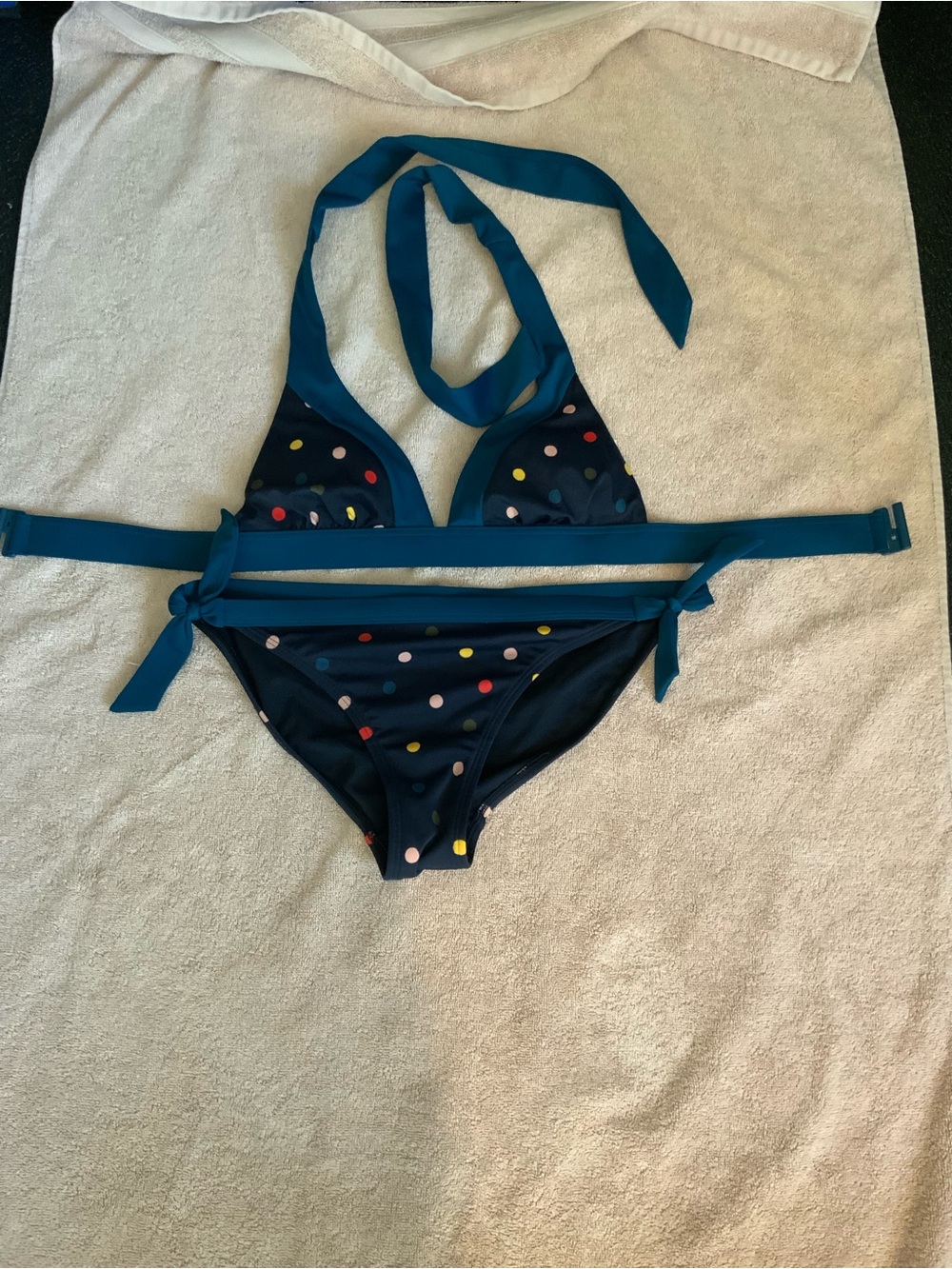 Boden Navy Polka Dot bikini with Teal Straps size 6